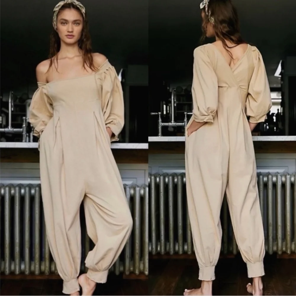 Free People Beige Jumpsuit with‎ Puff Sleeves